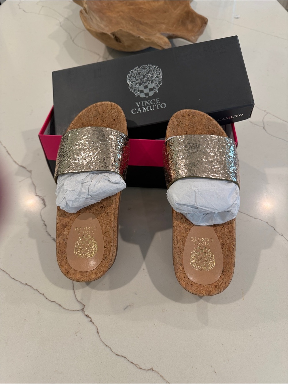 Vince Camuto Textured Metallic Slide Sandals in Gold